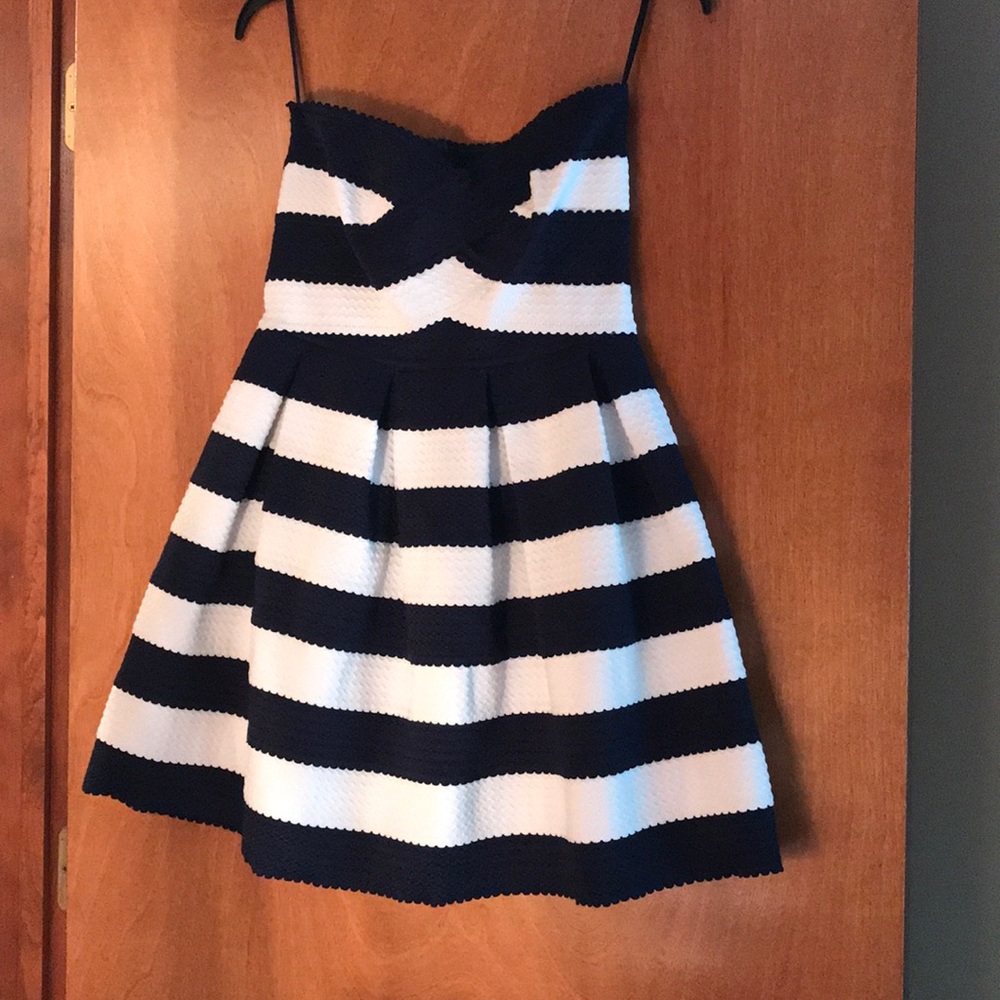 White and navy striped cocktail dress
